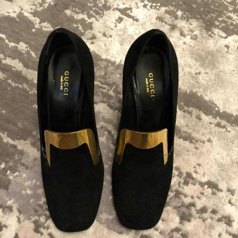 Authentic Gucci Black Suede and Metal Square Toe Heels EU 39.5